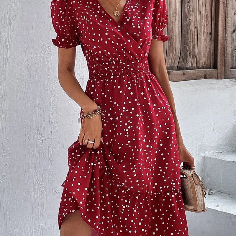 Damen Midi-Kleid mit Puffärmeln und V-Ausschnitt Stalluxe