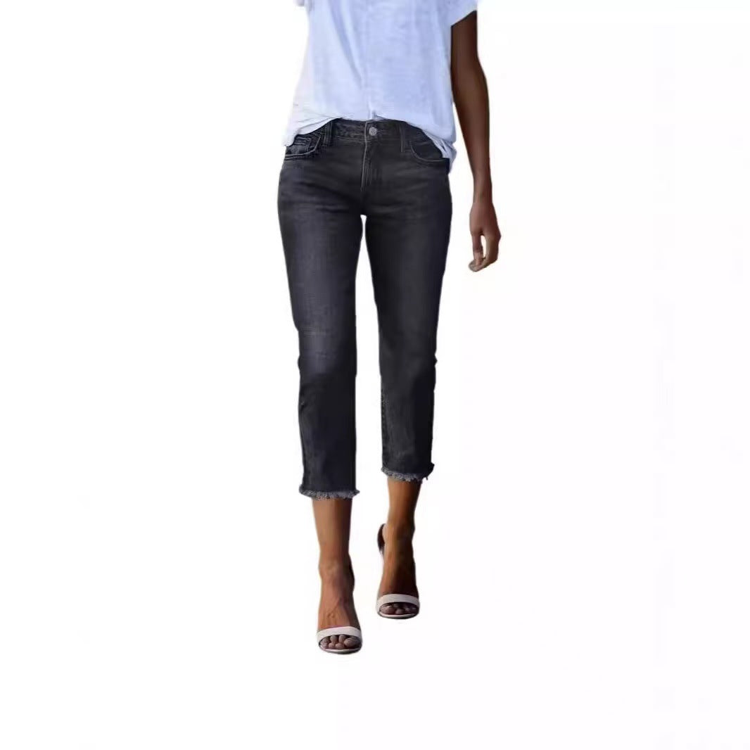 Damen 3/4 Jeans mit modischem Fransenabschluss Stalluxe