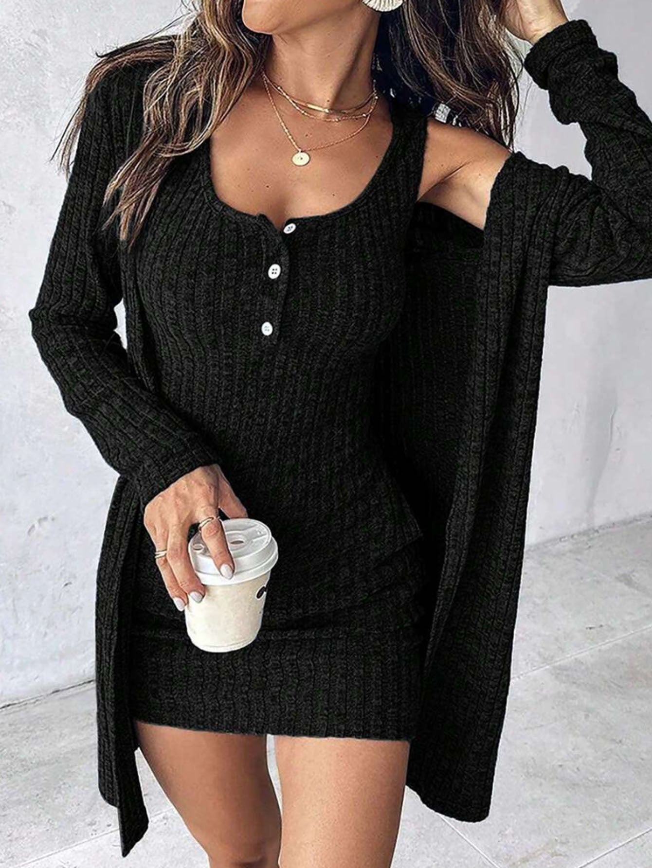 Damen Strickkleid mit Knopfleiste und luftiger Cardigan-Überjacke Stalluxe