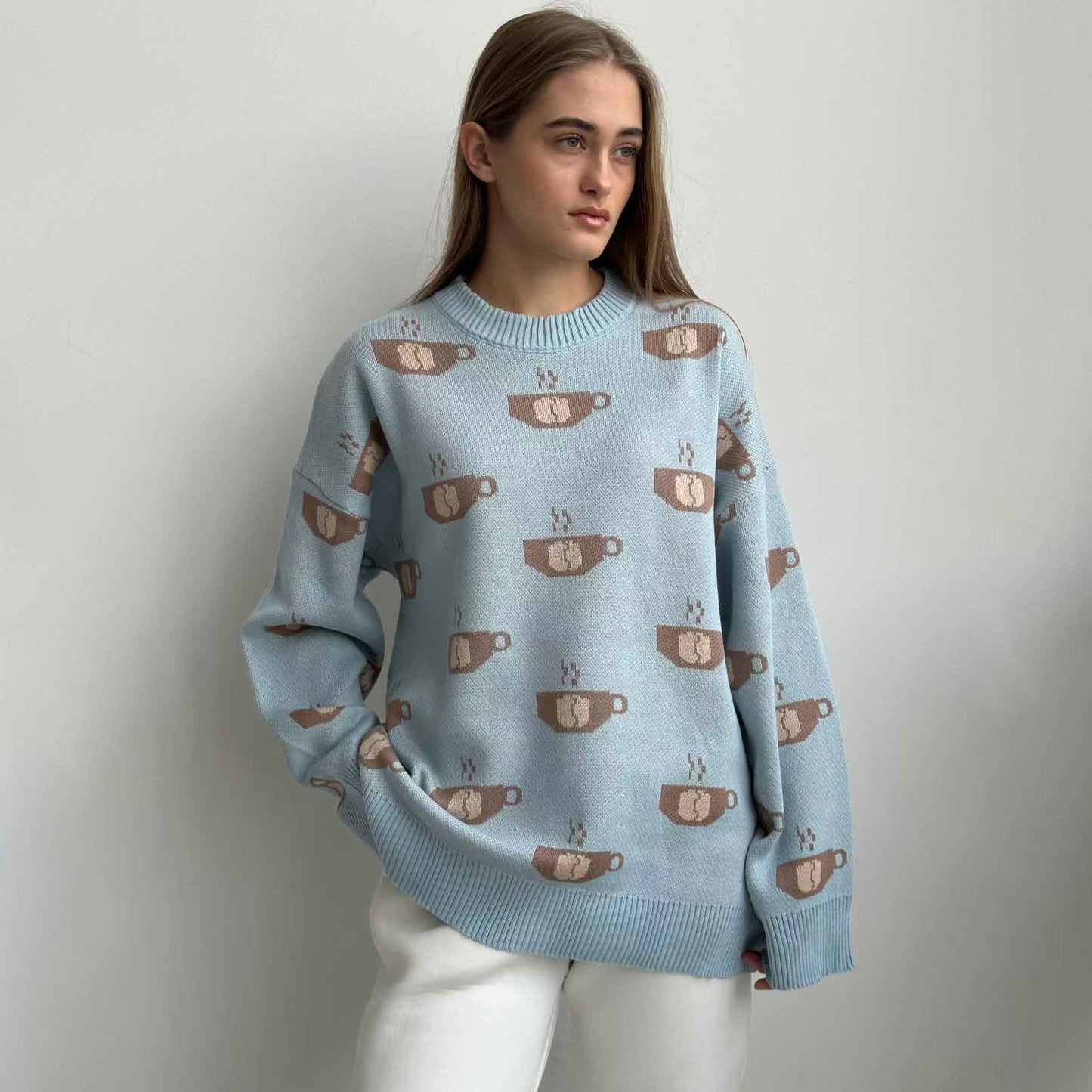 Damen Gemusterter Strickpullover mit Kaffeetassen-Motiv und angenehmem Sitz Stalluxe