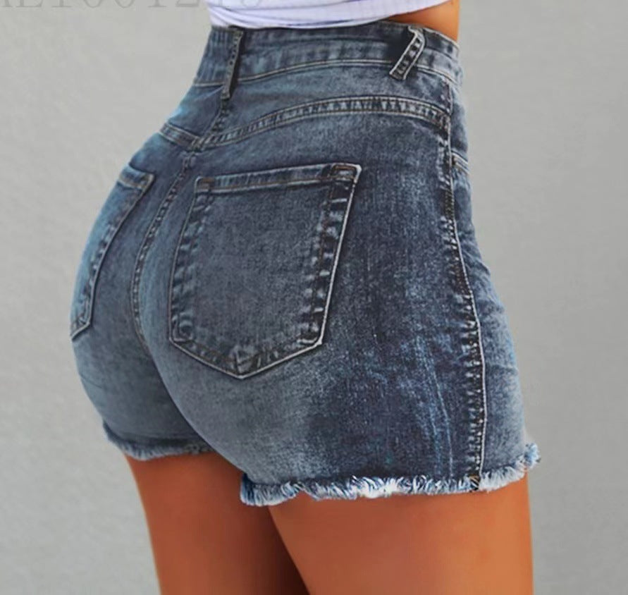 Damen Hochtaillierte Jeans-Shorts mit fransigem Saum Stalluxe