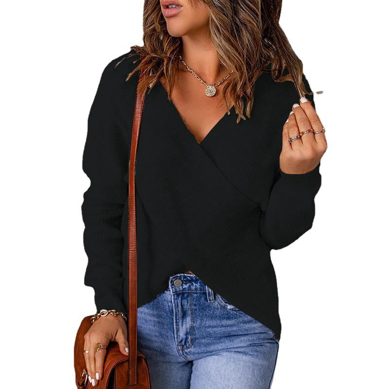 Damen lässiger Wickel-Pullover mit tiefem V-Ausschnitt und strukturiertem Gewebe Stalluxe