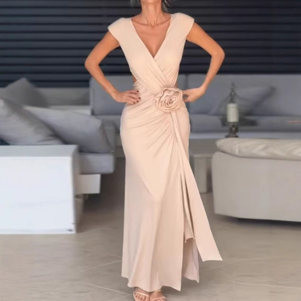 Damen Elegantes Maxikleid mit raffiniertem Wickeldesign und Blumenapplikation Stalluxe