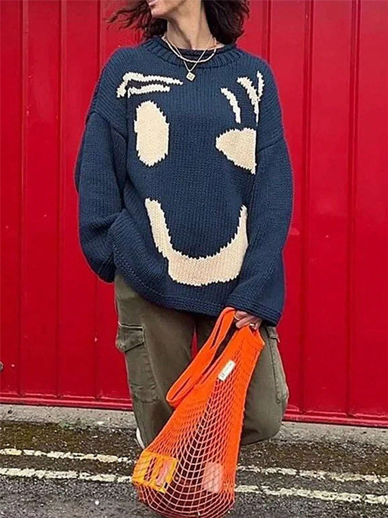 Damen Grobstrickpullover mit kreativem Smiley-Motiv Stalluxe
