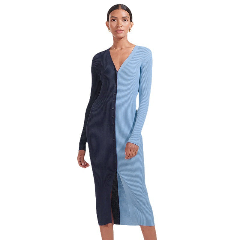 Damen Knopf-Design Maxikleid mit tiefem V-Ausschnitt und Rippstruktur Stalluxe