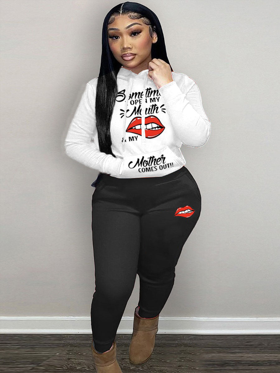 Damen Hoodie und Jogginghose Set mit kreativem Lippenmotiv Stalluxe