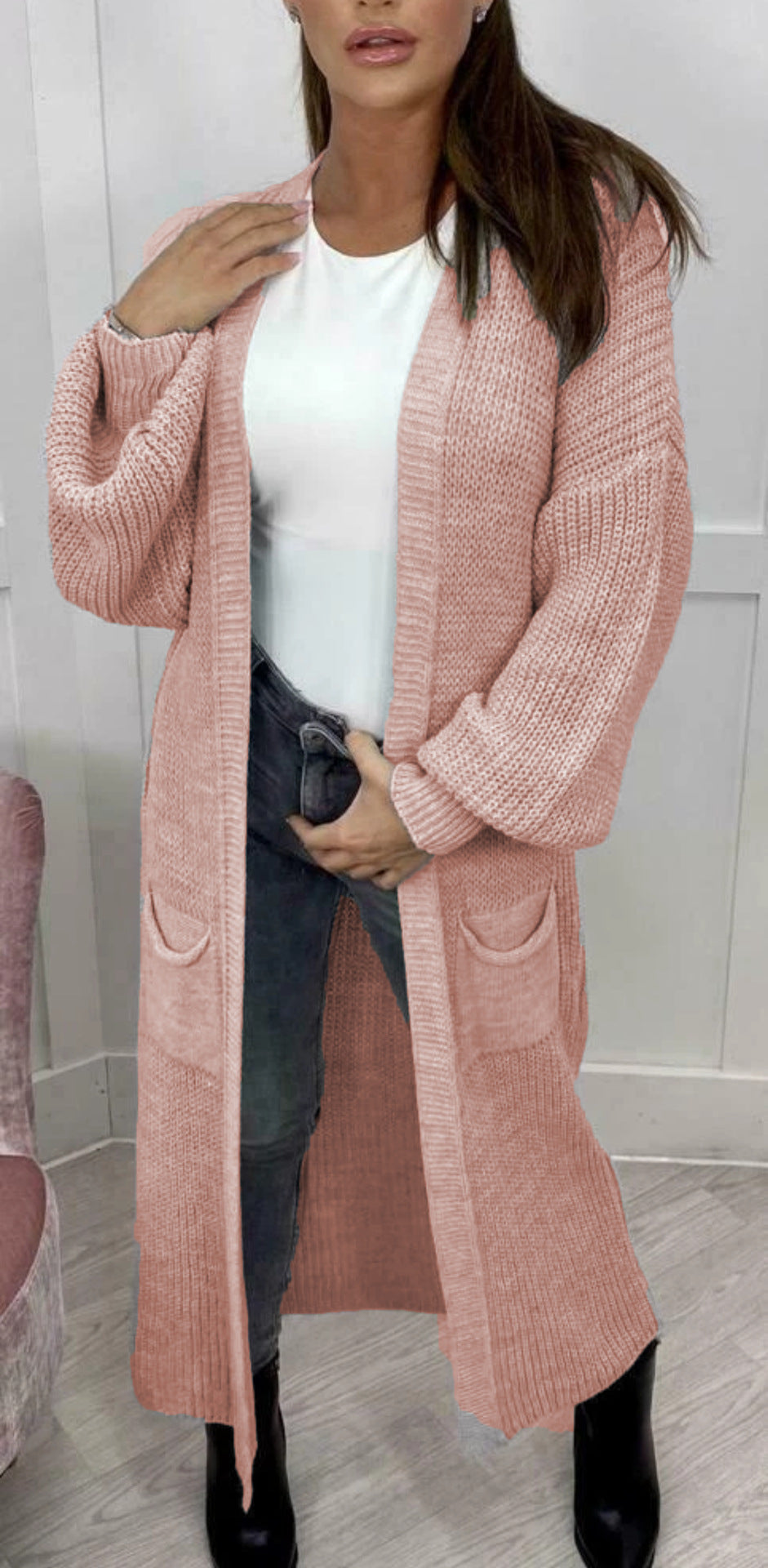 Damen Langer Strickcardigan mit strukturierter Maschenoptik und praktischen Taschen Stalluxe