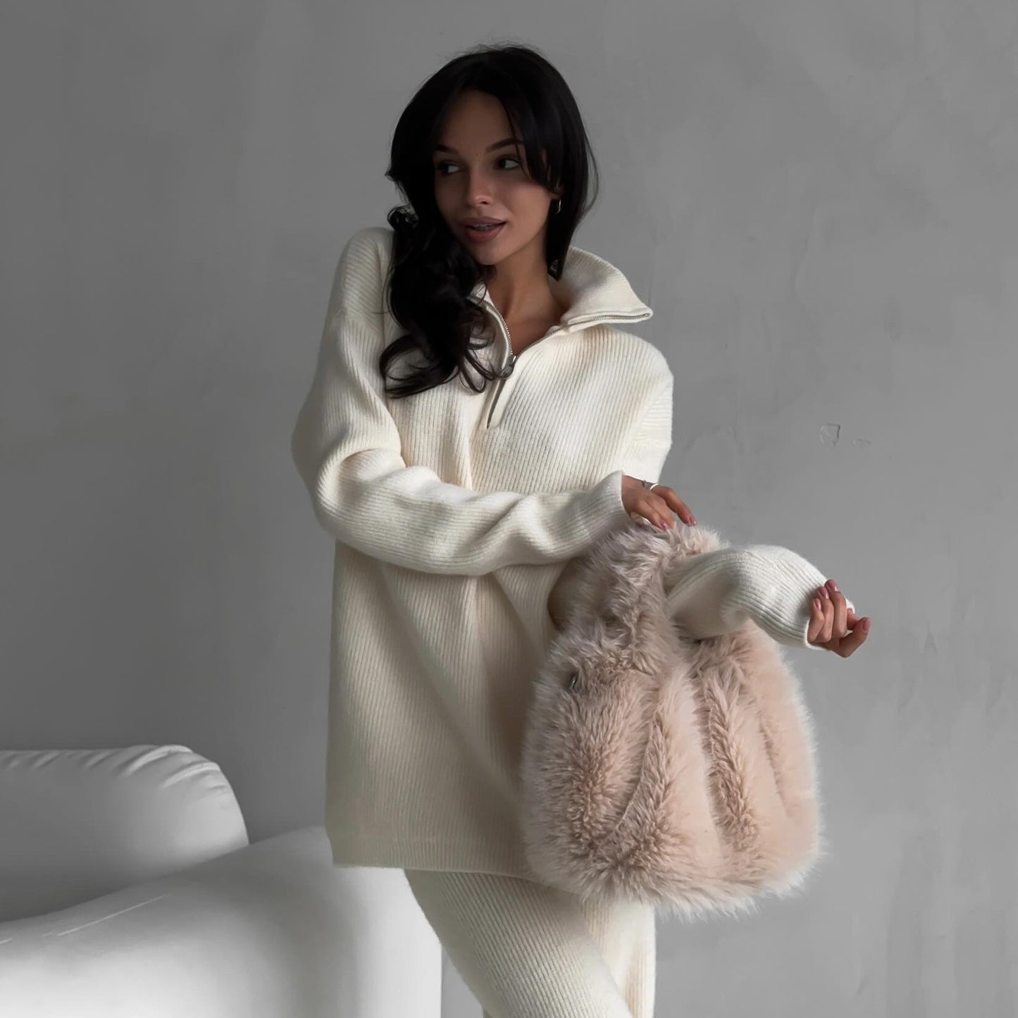 Damen lässiger Strickpullover mit Stehkragen und Reißverschluss Stalluxe