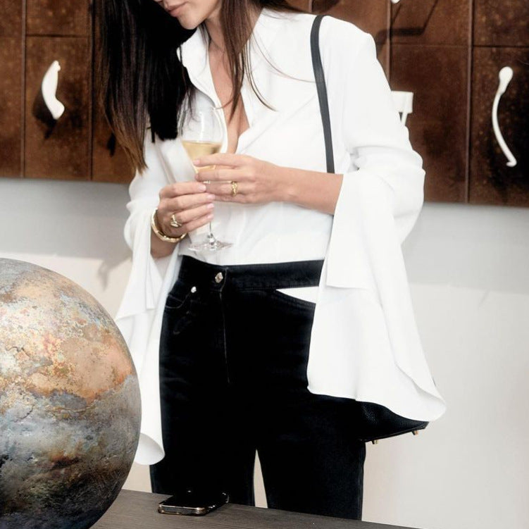 Damen elegante Bluse mit weitem Ärmel und klassischem Kragen Stalluxe