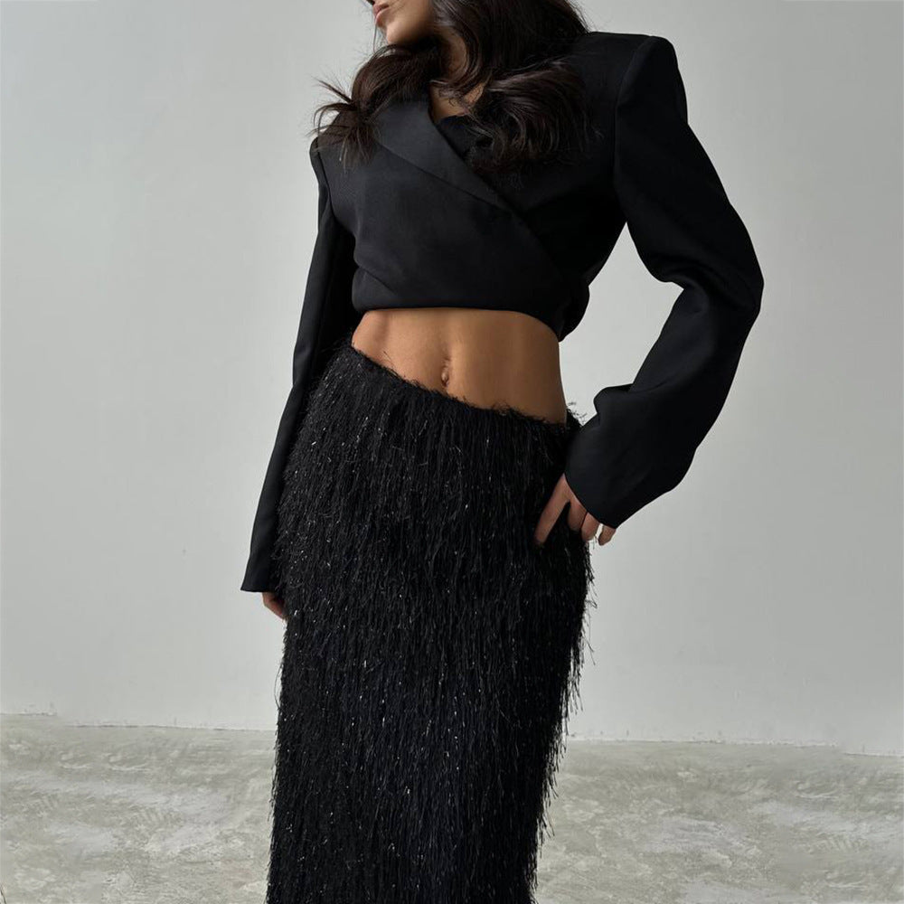Damen eleganter Wickel-Oberteil und Maxi-Rock mit schimmernden Akzenten Stalluxe
