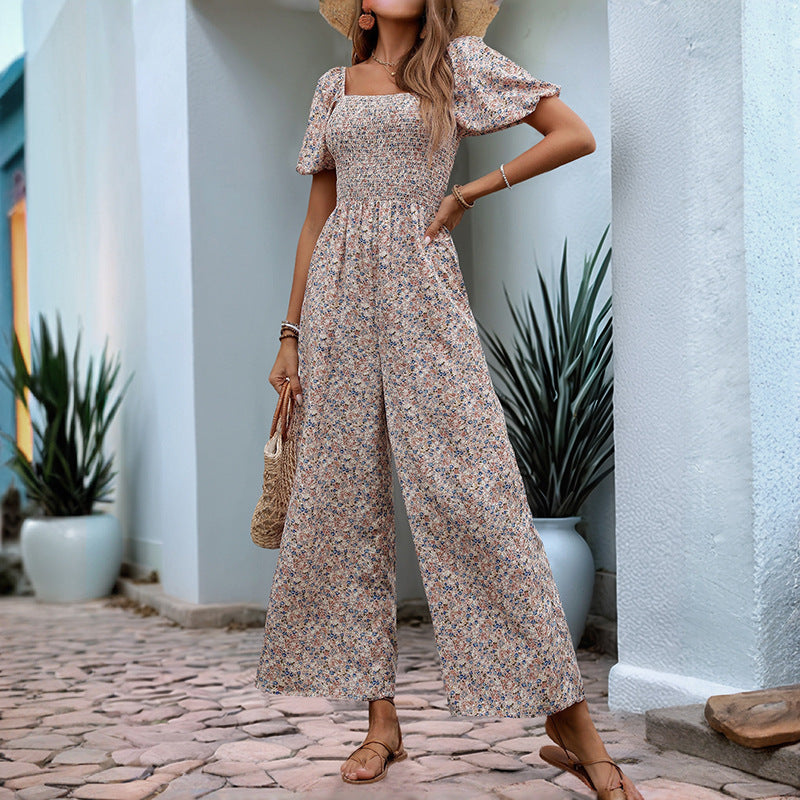 Damen farbenfrohes Blumensommeroverall mit Puffärmeln Stalluxe