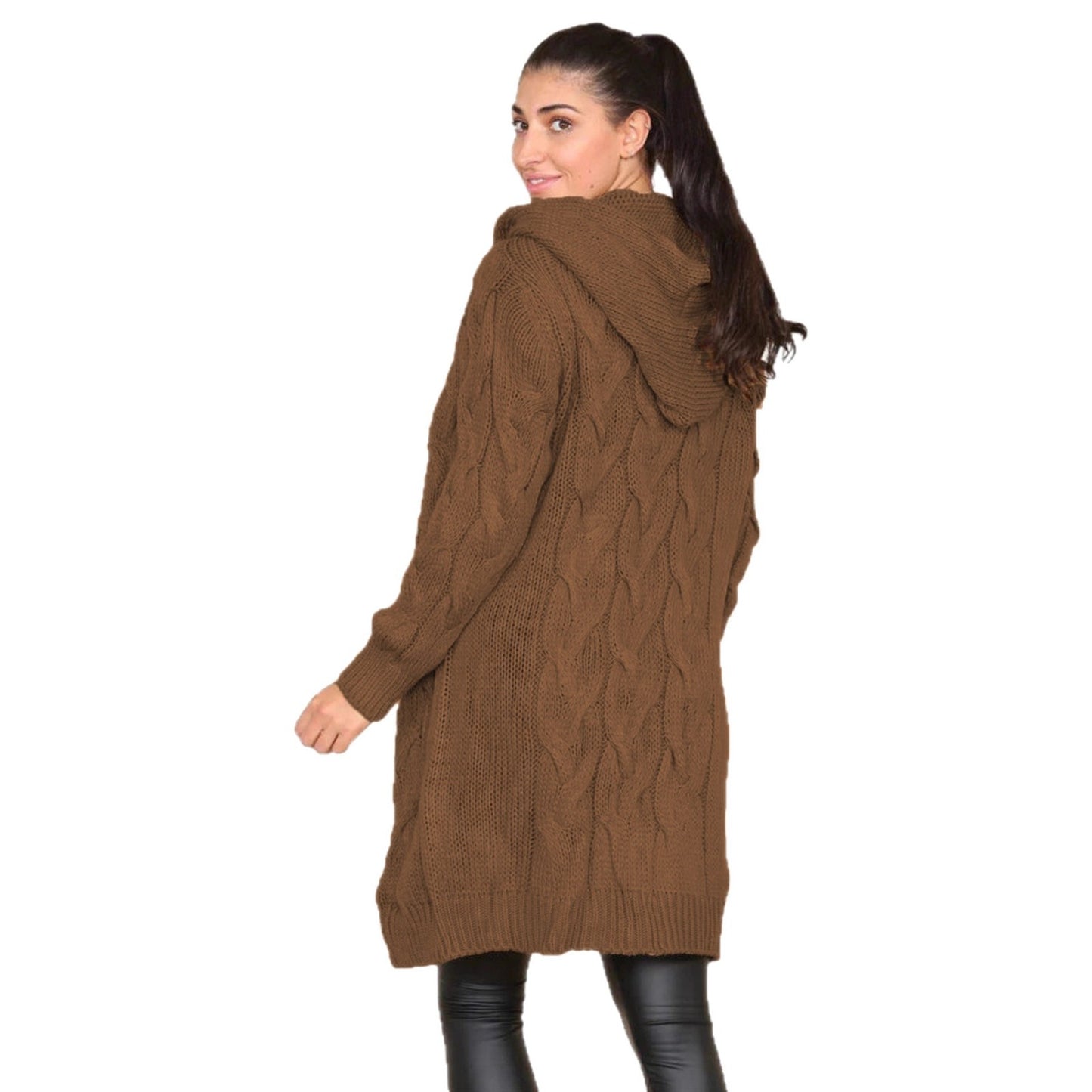 Damen Langer Strickmantel mit elegantem Zopfmuster und Kapuze Stalluxe