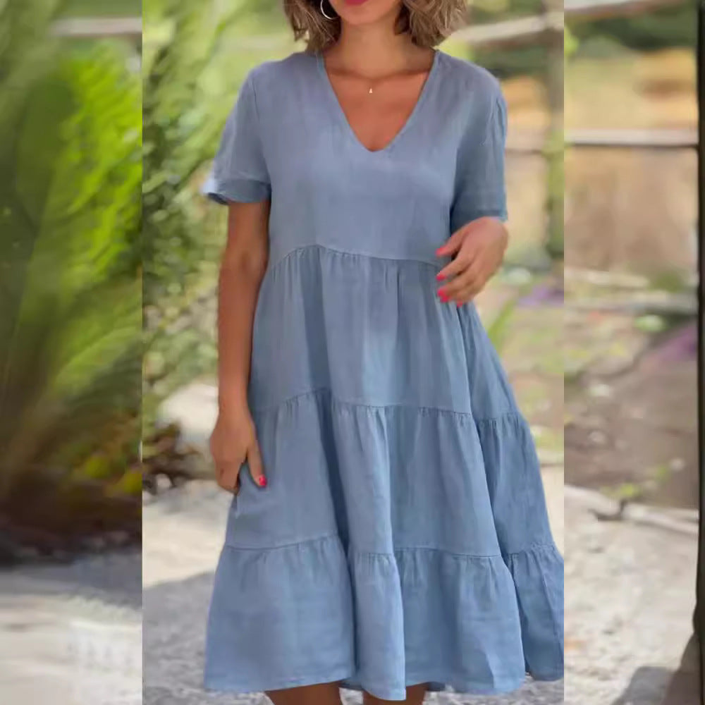 Damen V-Ausschnitt Volantkleid aus leichter Baumwolle Stalluxe