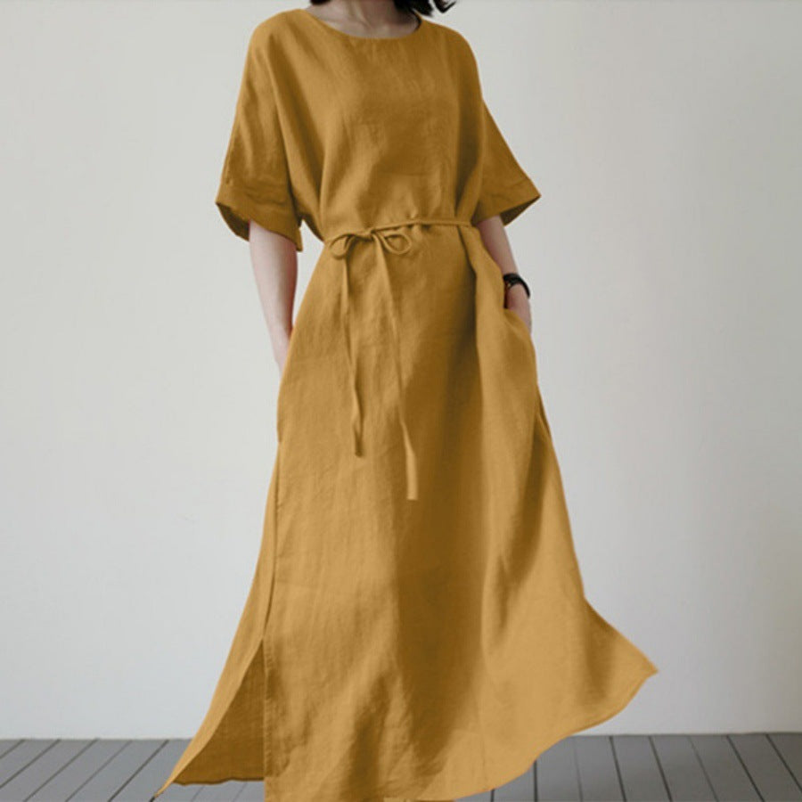 Damen Leinenmaxikleid mit weit geschnittenen Ärmeln und Taillengürtel Stalluxe