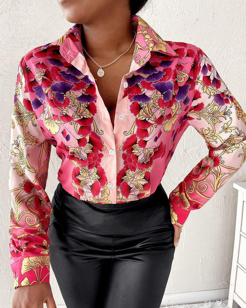 Damen Schicke Druckbluse mit modischem Kragen und figurbetonendem Schnitt Stalluxe