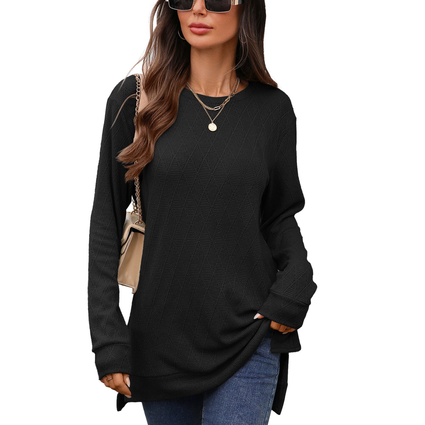 Damen Langarmshirt mit strukturiertem Muster und seitlichen Schlitzen Stalluxe