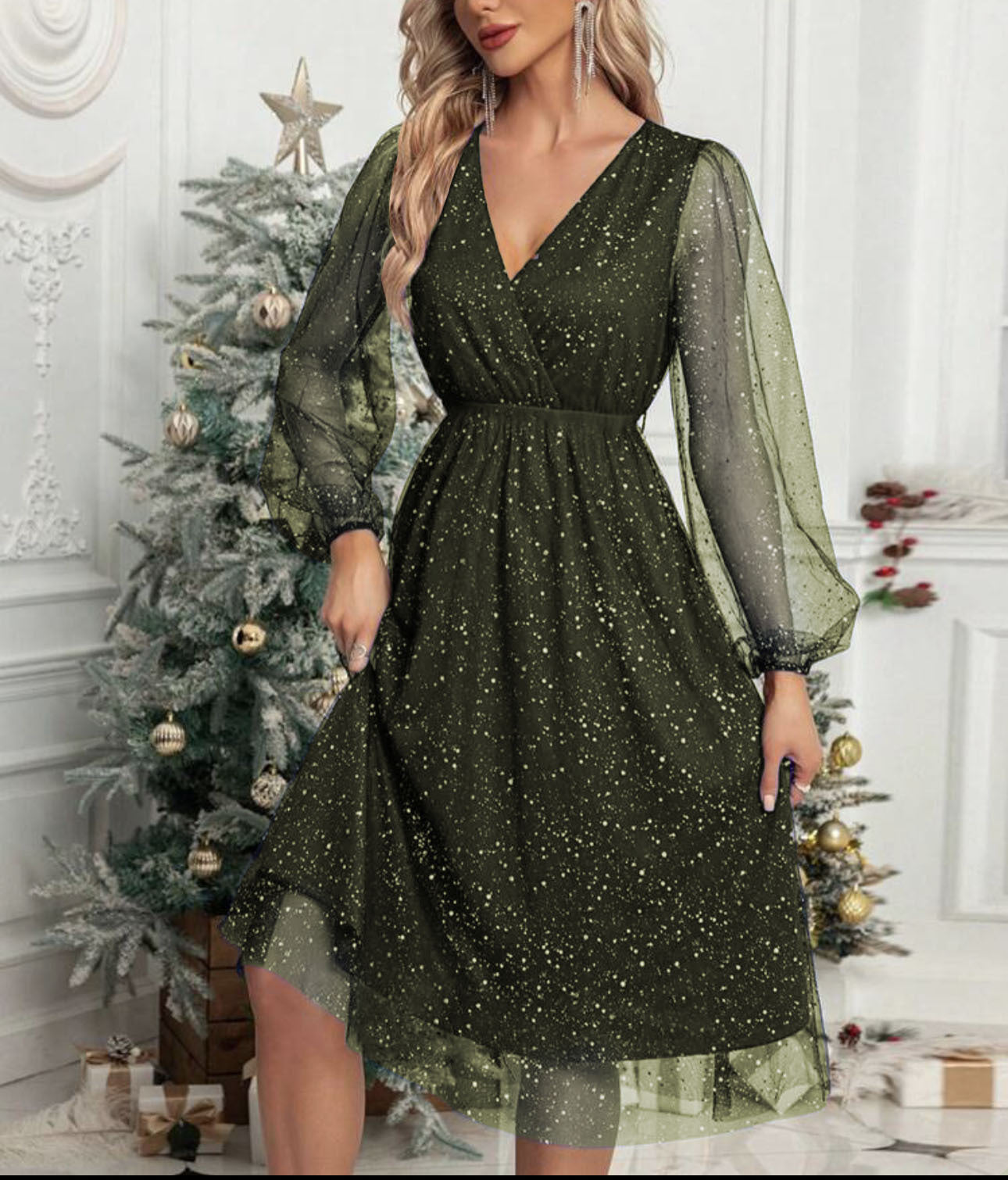 Damen Glänzende V-Ausschnitt Illusionsärmel Kleid Stalluxe