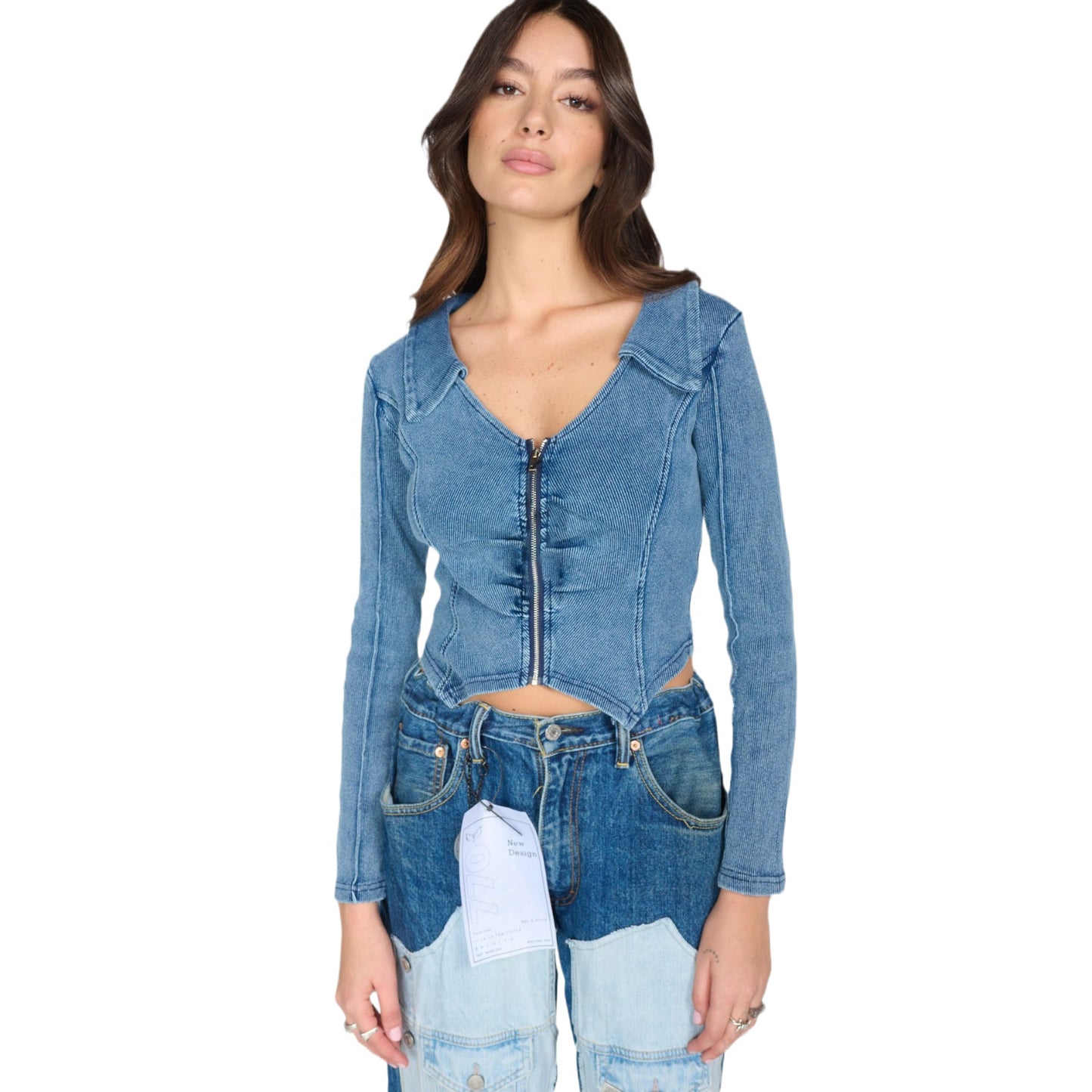 Damen tailliertes Jeansjacke mit Reißverschluss Stalluxe