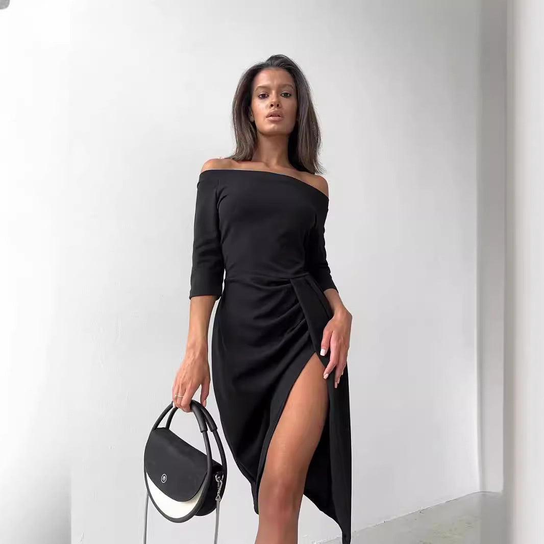 Damen Off-Shoulder Kleid mit asymmetrischem Schnitt und Drapierung Stalluxe