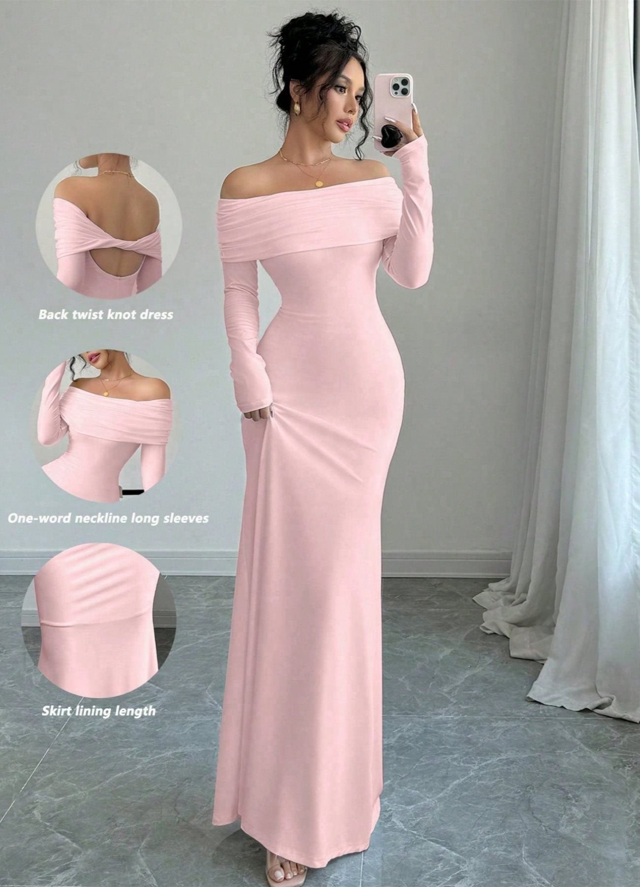 Damen elegantes Schulterfreies Langarm-Maxi-Kleid mit raffinierten Rückendetails Stalluxe