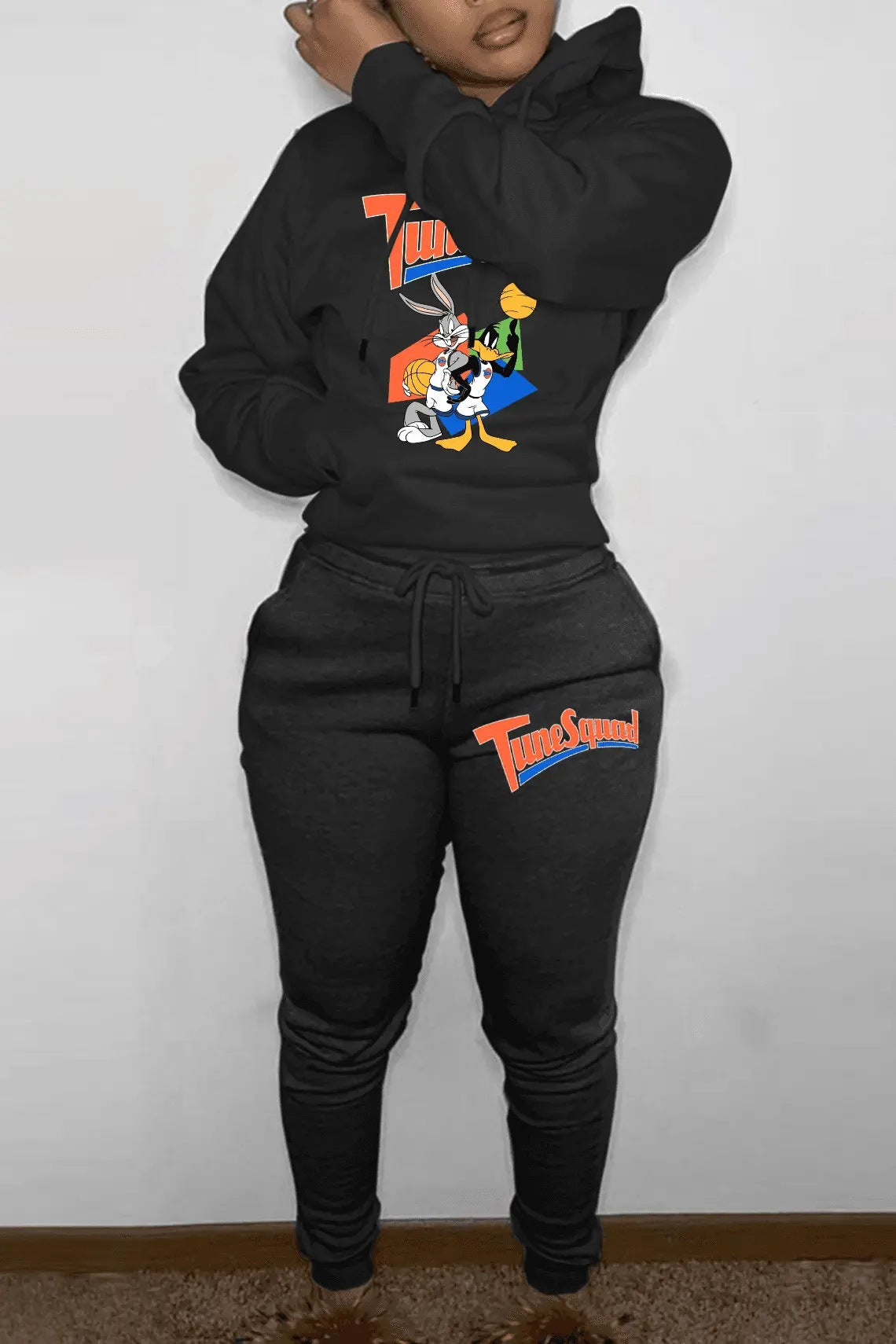 Damen Hoodie- und Jogginghose-Set mit energischem Cartoon-Motiv Stalluxe
