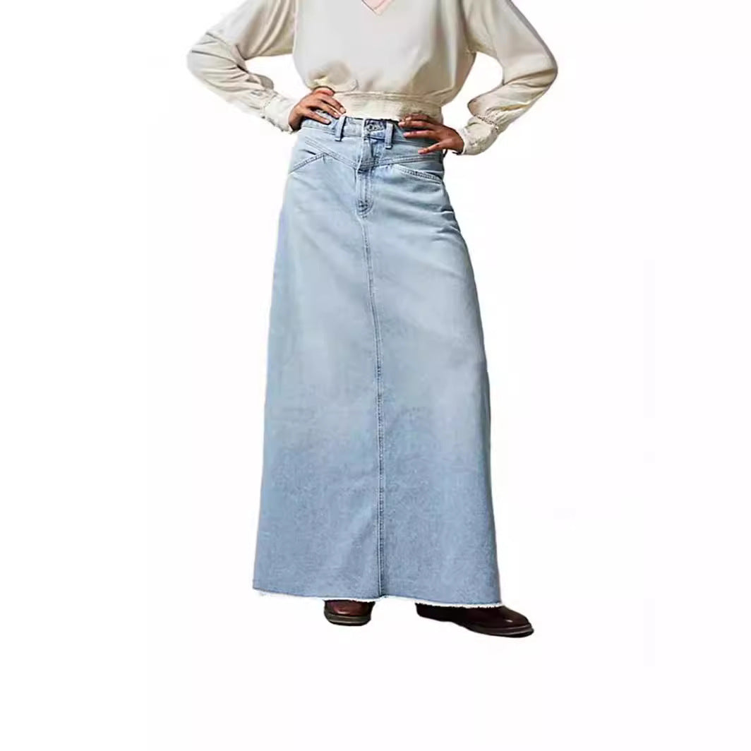 Damen Maxirock aus Denim mit asymmetrischem Saum und bequemen Taschen Stalluxe