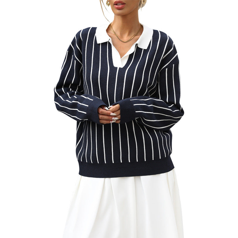 Damen knit Pullover mit eleganter Kragen und Streifenmuster Stalluxe