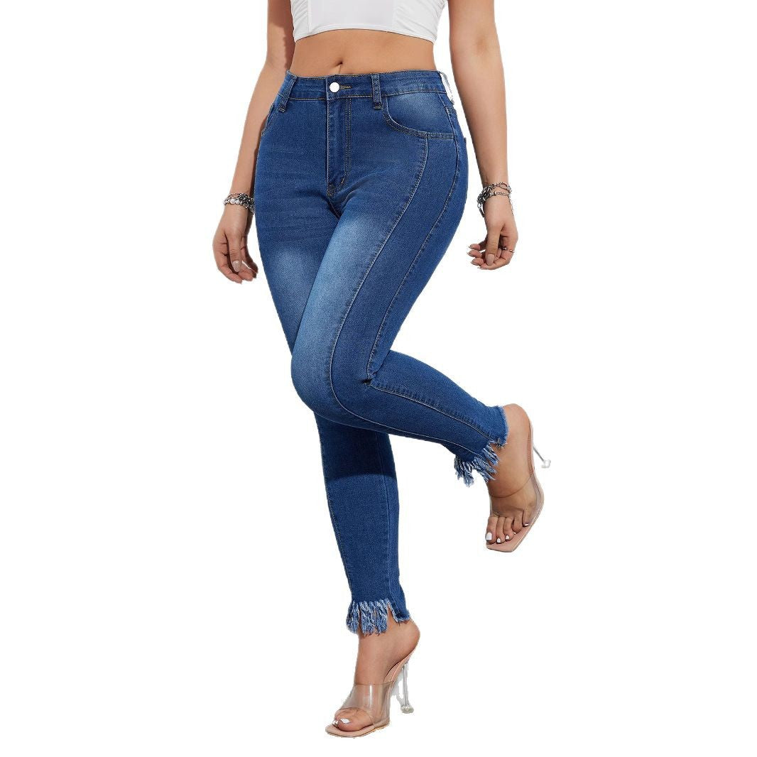 Damen Skinny-Jeans mit fransigem Saum und hoher Taille Stalluxe