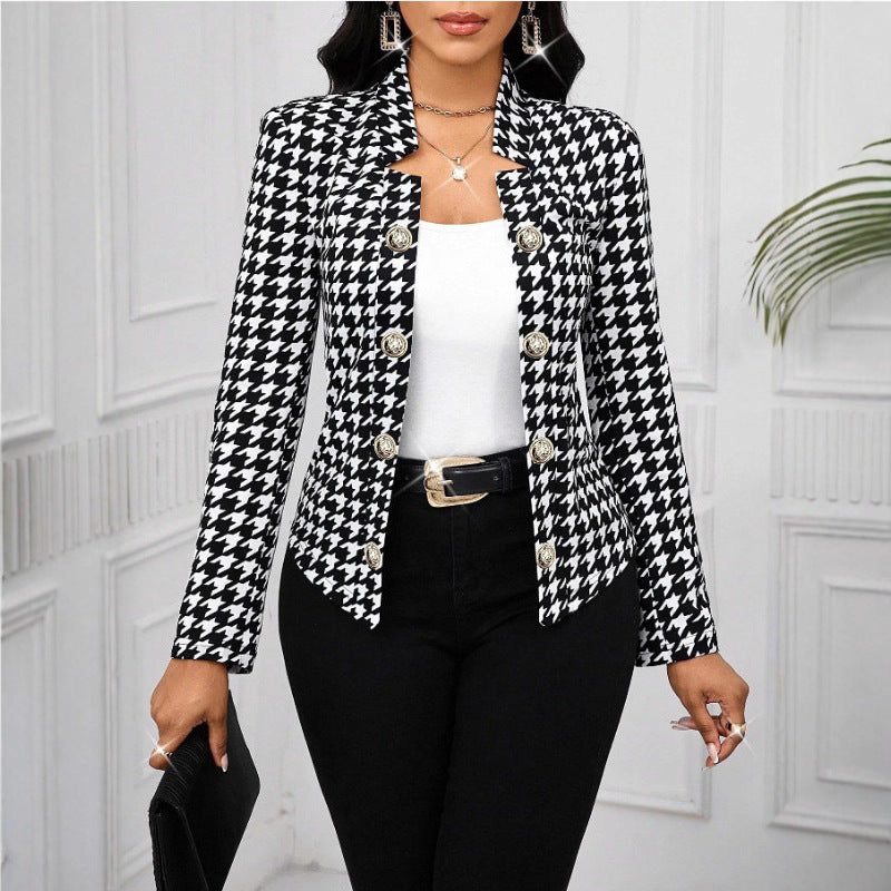 Damen Elegante Blazerjacke im Hahnentritt-Muster mit glänzenden Knöpfen Stalluxe