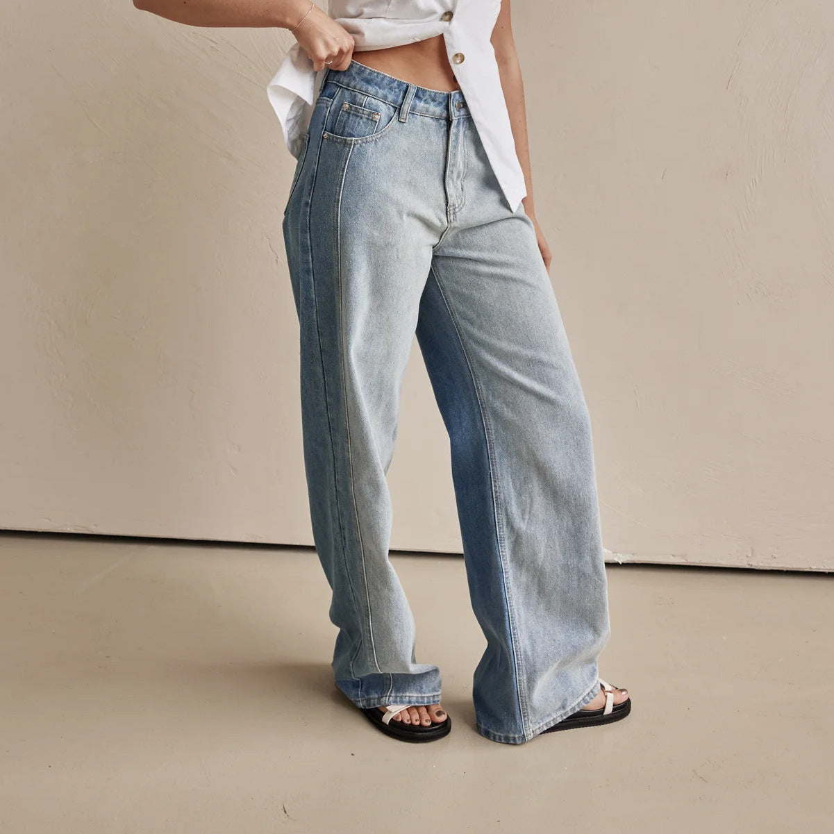 Damen Weit geschnittene Jeans mit hohem Bund und seitlichen Kontraststreifen Stalluxe