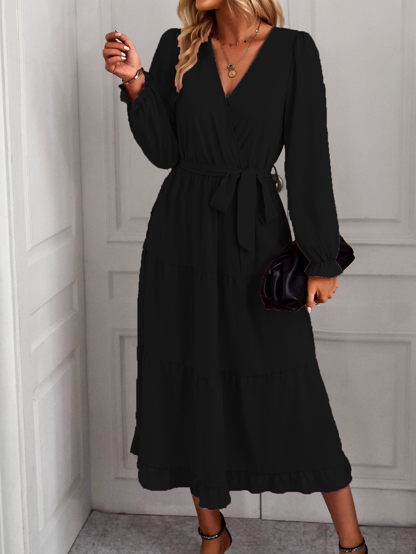 Damen elegantes Wickelkleid mit Rüschendetails und Taillengürtel Stalluxe