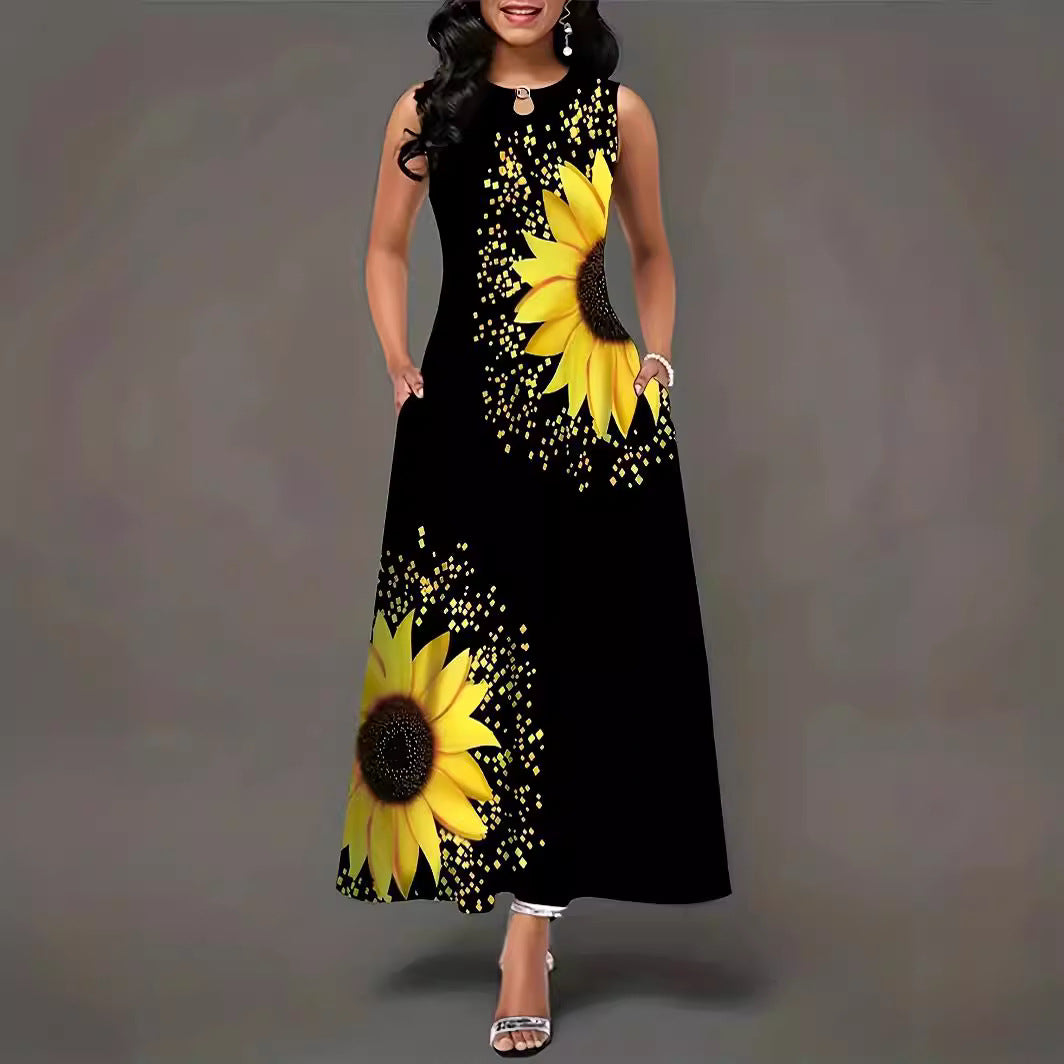 Damen Maxikleid mit buntem Sonnenblumenmotiv und praktischen Taschen Stalluxe