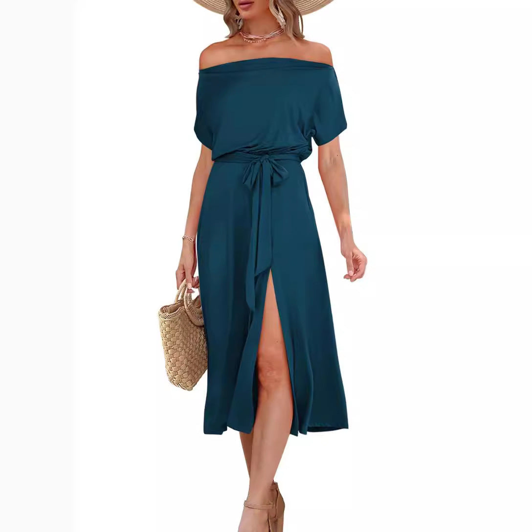 Damen Off-Shoulder Midikleid mit Taillengürtel und praktischen Taschen Stalluxe