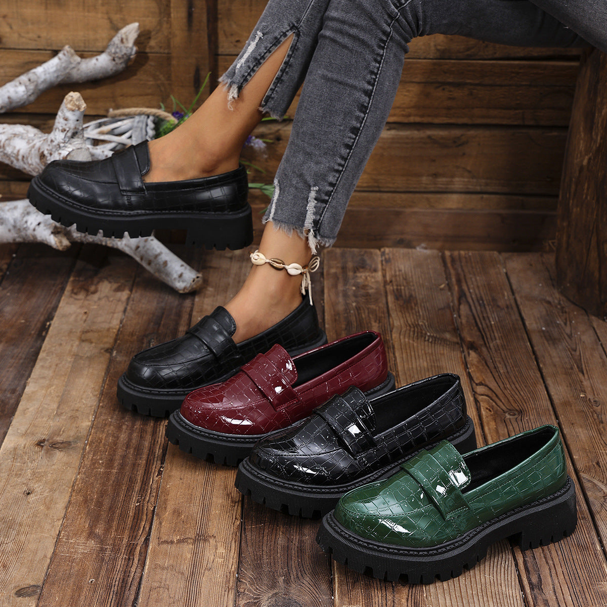 Damen Mokassins mit modernem Kroko-Design und robustem Profil Stalluxe