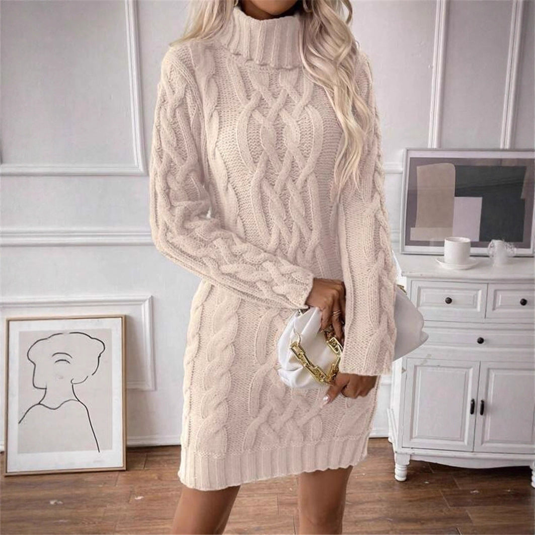 Damen Strickkleid mit hochgeschlossenem Kragen und Zopfmuster Stalluxe