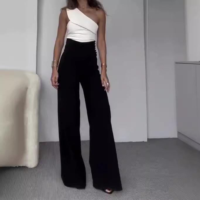 Damen Einseitiger Jumpsuit mit weitem Bein und dekorativem Ausschnitt Stalluxe