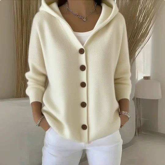 Damen lässige Strickjacke mit Kapuze und Knopfverschluss Stalluxe