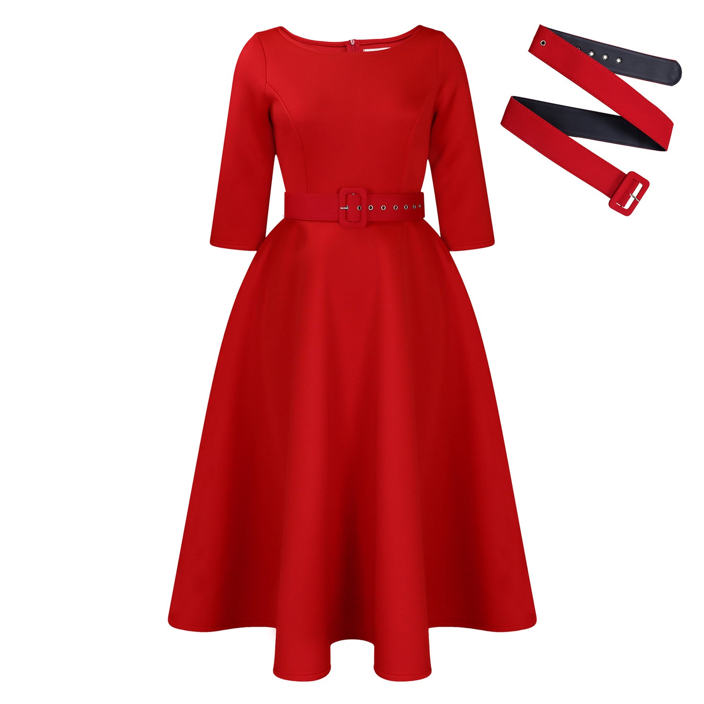 Damen Elegantes A-Linien Kleid mit Gürtel und ¾-Ärmeln Stalluxe