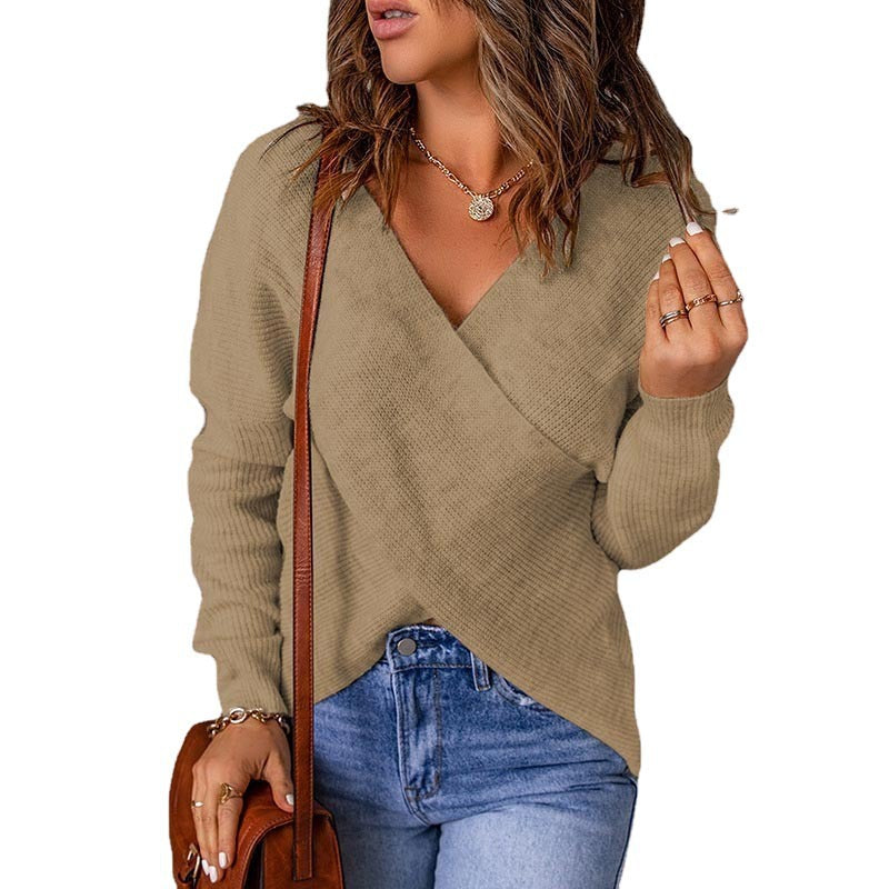 Damen lässiger Wickel-Pullover mit tiefem V-Ausschnitt und strukturiertem Gewebe Stalluxe