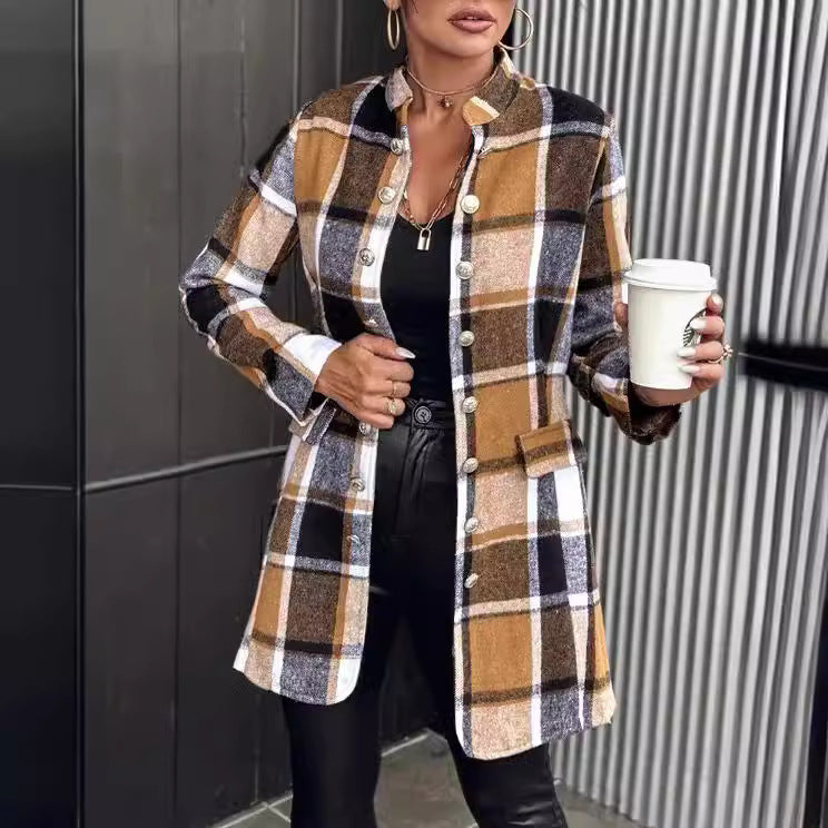 Damen Karo-Blazerjacke mit Knopfleiste und Taschen Stalluxe