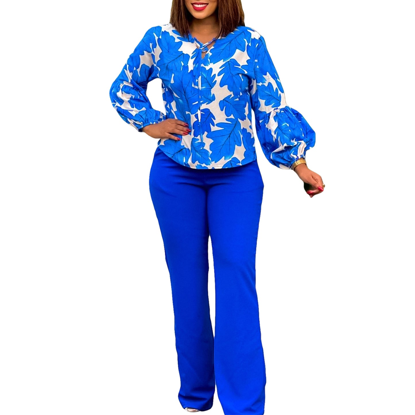 Damen Elegantes Set bestehend aus lässiger Bluse mit voluminösen Ärmeln und klassischer Hose Stalluxe