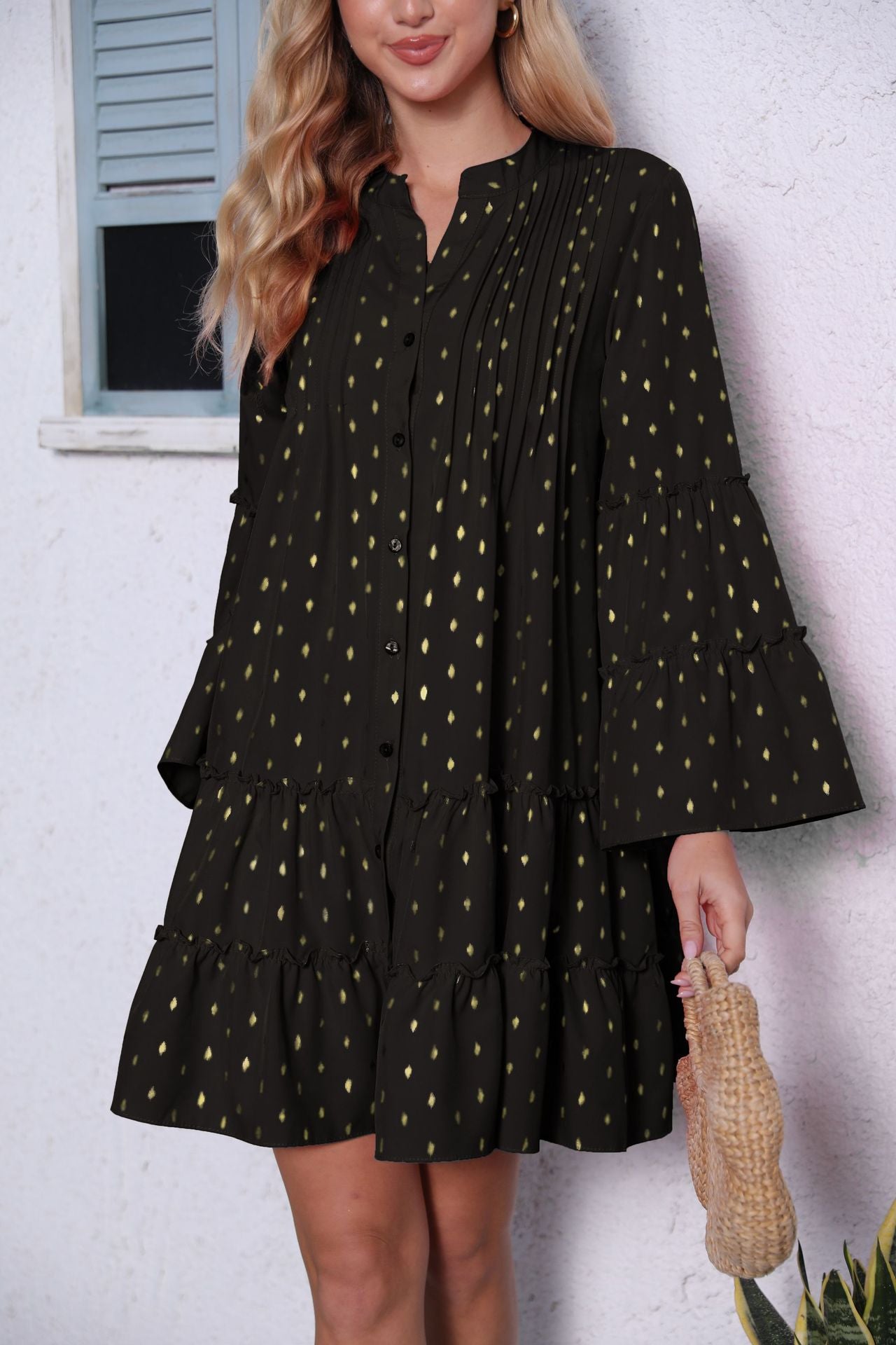 Damen lässiges Hemdblusenkleid mit Rüschendetails und Knopfleiste Stalluxe