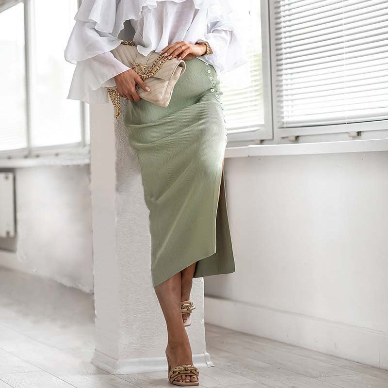 Women's High-Slit Button-Front Ribbed Maxi Skirt Stalluxe