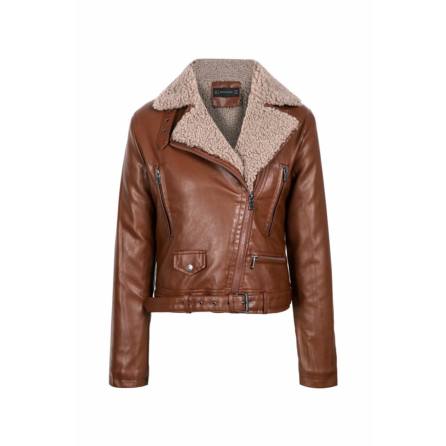 Damen stylische Lammfell-Bikerjacke mit doppeltem Reißverschluss und taillierbarem Gürtel Stalluxe
