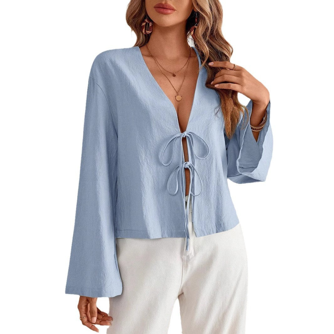 Damen lässige Blumenshirt mit tiefer V-Ausschnitt und Kordelzug Stalluxe