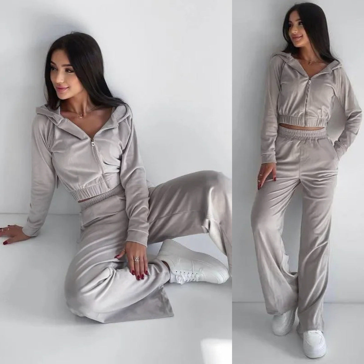 Damen modischer Velours-Cropped-Hoodie und weite Sporthose Set Stalluxe