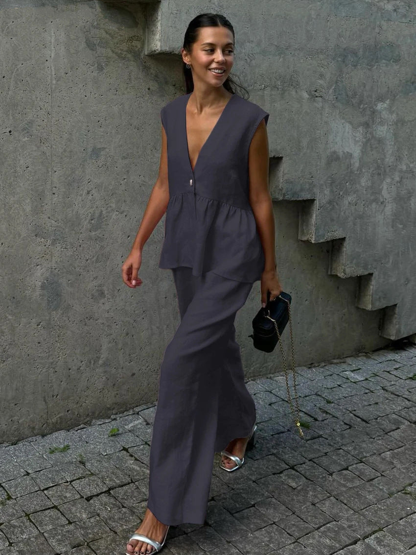 Damen luftige Leinenbluse und weite Hose Stalluxe