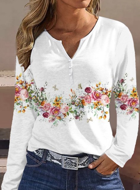 Damen Langarmshirt mit floralem Motiv und Knopfdetails Stalluxe