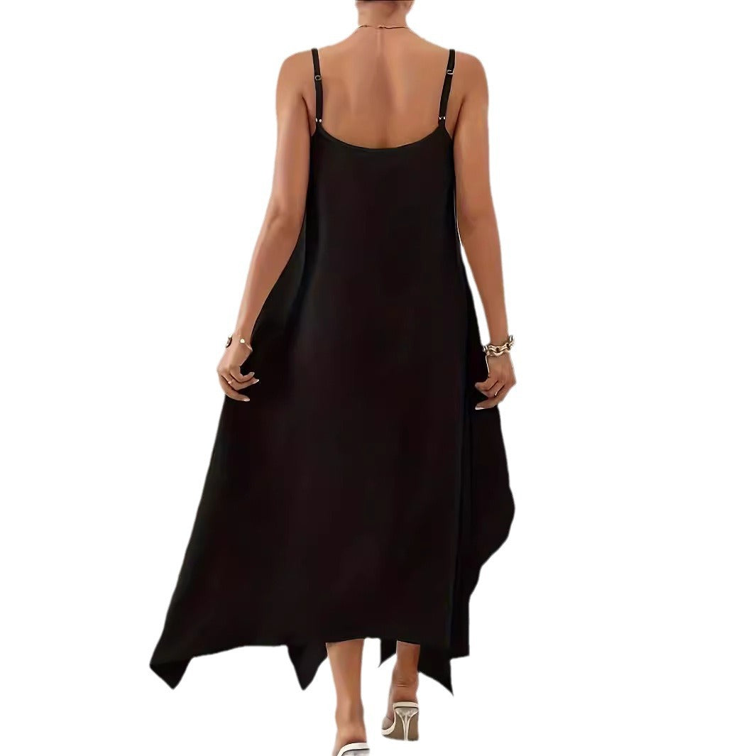 Damen luftiges Maxikleid mit asymmetrischem Saum und schmalen Spaghetti-Trägern Stalluxe