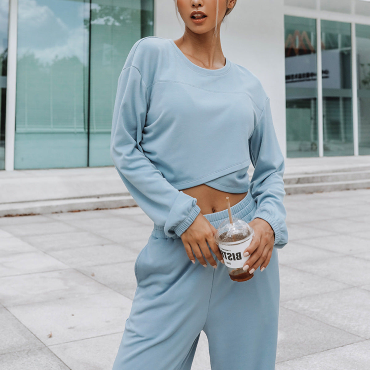 Damen lässiges Cropped Sweat-Set mit elastischem Bund und weitem Bein Stalluxe